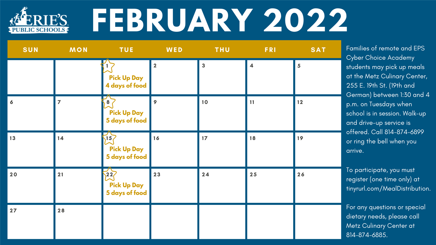Meal distribution calendar for February with pick up dates on Feb. 1, 8, 15 and 22. Call 814-874-6899 for info.
